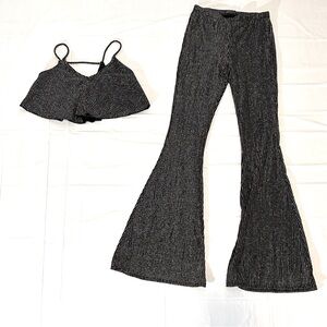 Fashion Nova Black Ribbed Flare Pants and Cropped Tank Set